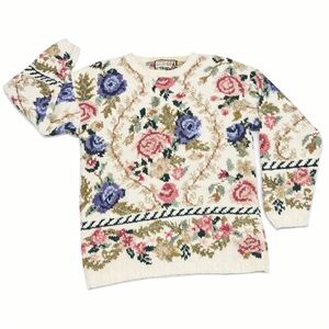 Vintage Crystal Kobe Ivory & Pastel Floral Tapestry 80s Cottagecore Knit Sweater
